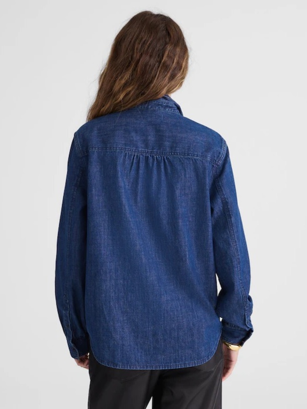 Madewell Tie-Neck Chambray Denim Button-Down Shirt Blouse Medium Blue Stretch - Picture 3 of 14